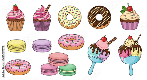 Set of sweet dessert icons. Cartoon-style cupcake, donut, macaron, and ice cream vector art.