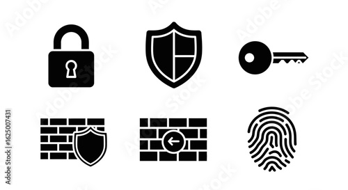Web security icon set in a solid black glyph style with lock, shield, key, and fingerprint