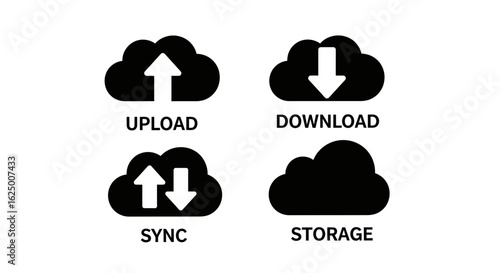 Cloud computing glyph icon set. Bold black silhouettes for upload, download, sync, storage.
