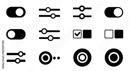 Solid glyph icon set of user interface controls. Includes toggle, slider, checkbox and radio buttons.