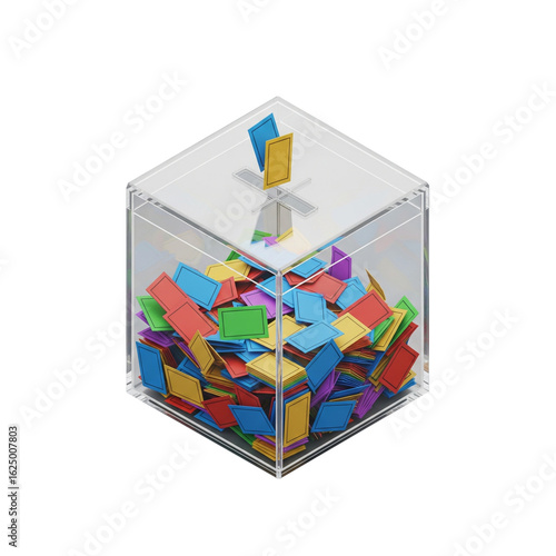 Transparent ballot box filled with colorful voting slips, ready for collection.
