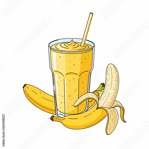 Delicious Banana Smoothie in a Tall Glass with Fresh Bananas
