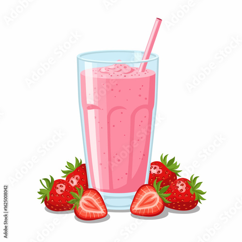 Refreshing Pink Strawberry Smoothie in a Tall Glass with Fresh Berries and Straw
