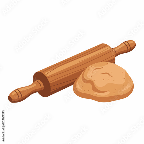 Wooden rolling pin and dough for baking preparation and cooking