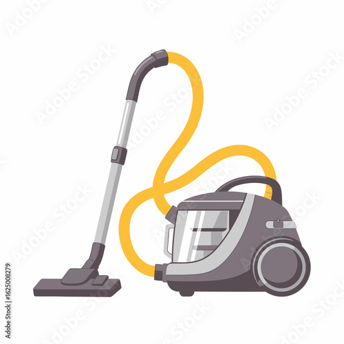 Modern gray cylinder vacuum cleaner with yellow hose and brush on white background for home cleaning