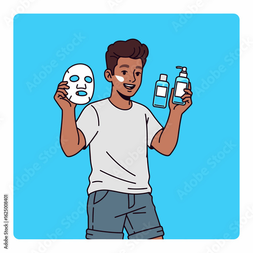 Man Applying Skincare Products with Sheet Mask and Lotion Bottles