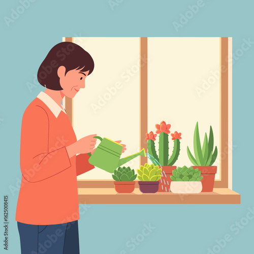 Woman watering potted houseplants on a windowsill creating a cozy indoor garden atmosphere