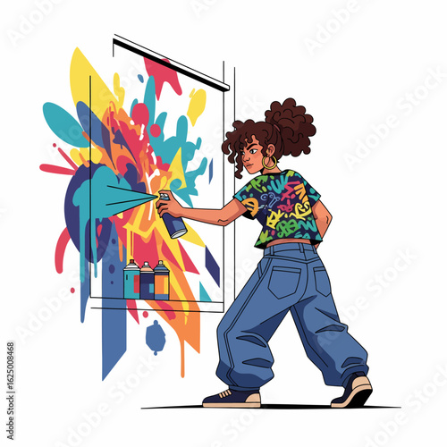 Young Artist Spray Painting Vibrant Abstract Art on Wall with Colorful Splashes