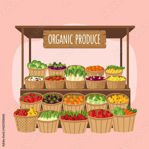 Vibrant selection of fresh organic produce displayed at a charming market stall for healthy eating