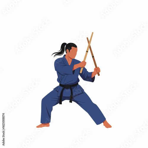 Martial Artist Practicing Bo Staff Techniques in Traditional Blue Gi