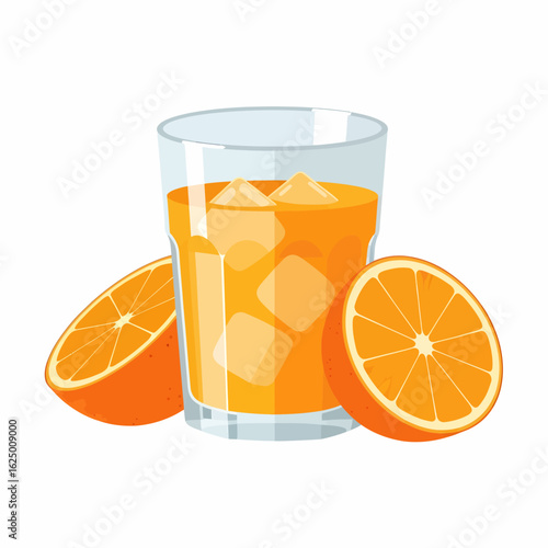Refreshing Orange Juice with Ice Cubes and Fresh Orange Slices on a White Background