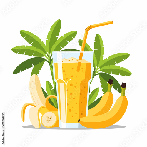 Refreshing banana smoothie served in a tall glass with tropical leaves and whole bananas