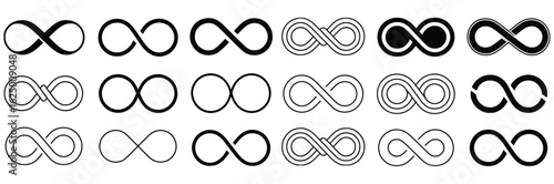 Collection of modern infinity symbol variations offering endless design possibilities and timeless appeal.Infinity symbols collection, for logo design, branding, mathematical representation.