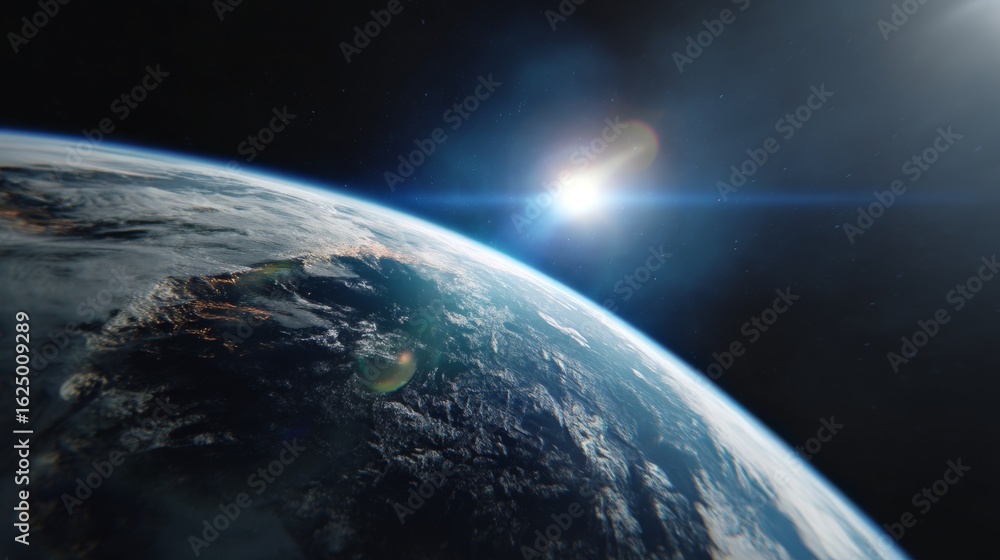Fototapeta premium Stunning Earth View from Space Showing Sunlight Reflection and Atmospheric Details in High Resolution