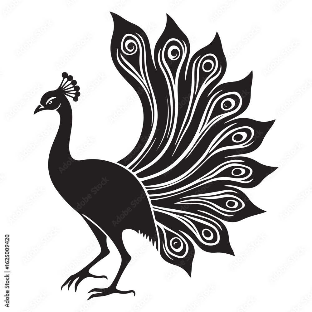 Fototapeta premium Elegant Black and White Peacock Illustration: Intricate Line Art, Ornate Feathers, Majestic Bird Design.