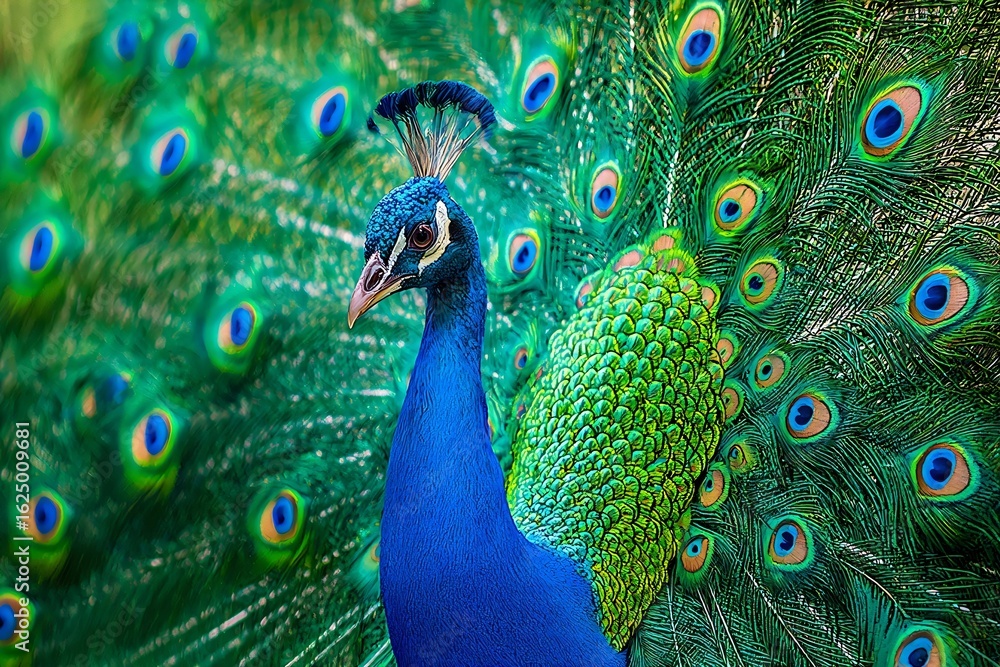 Obraz premium Beautiful male peacock proudly displaying his colorful tail feathers. Stunning bird photography in nature's vibrant palette.