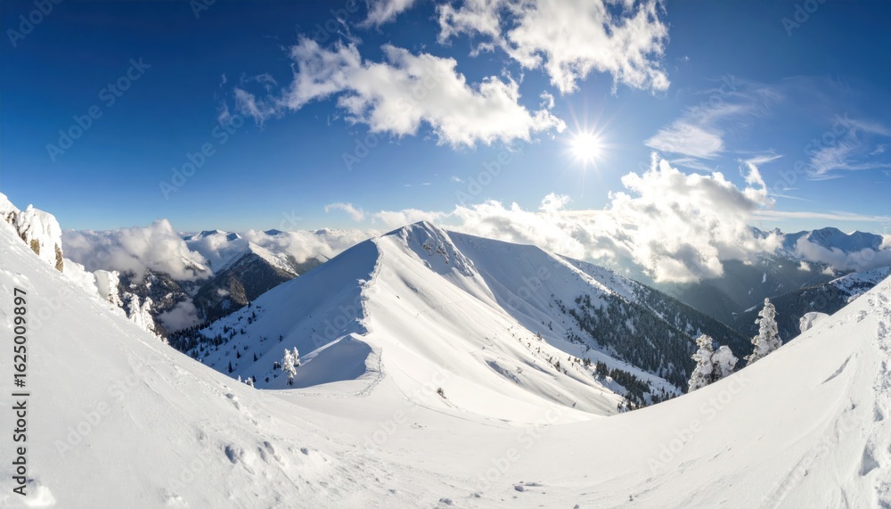 Naklejka premium Snowy mountain peaks under a vibrant sky