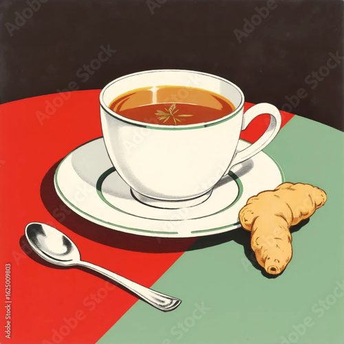 Aromatic ginger tea in a white cup with spoon on colorful geometric background.