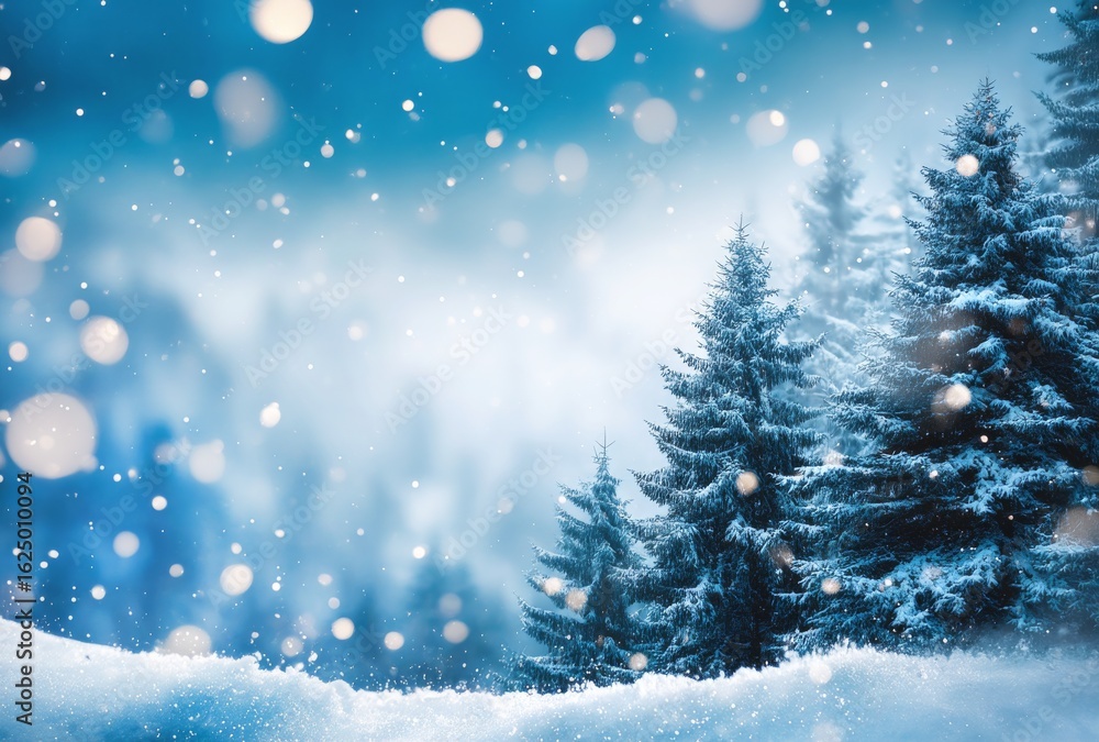 Naklejka premium Snowy Winter Landscape with Evergreen Trees and Soft Bokeh Background for Seasonal or Nature Themes