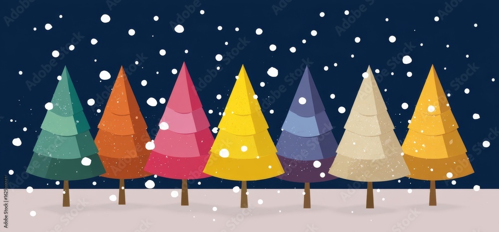 Obraz premium Colorful winter trees with snowflakes in a charming snowy landscape for seasonal holiday themes and decorations