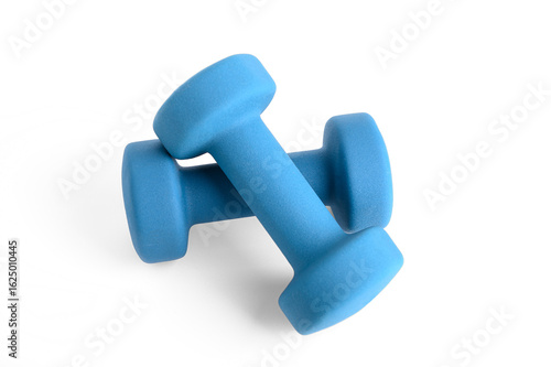 Fotografie Two light blue vinyl-coated dumbbells are positioned on a clean white surface, p