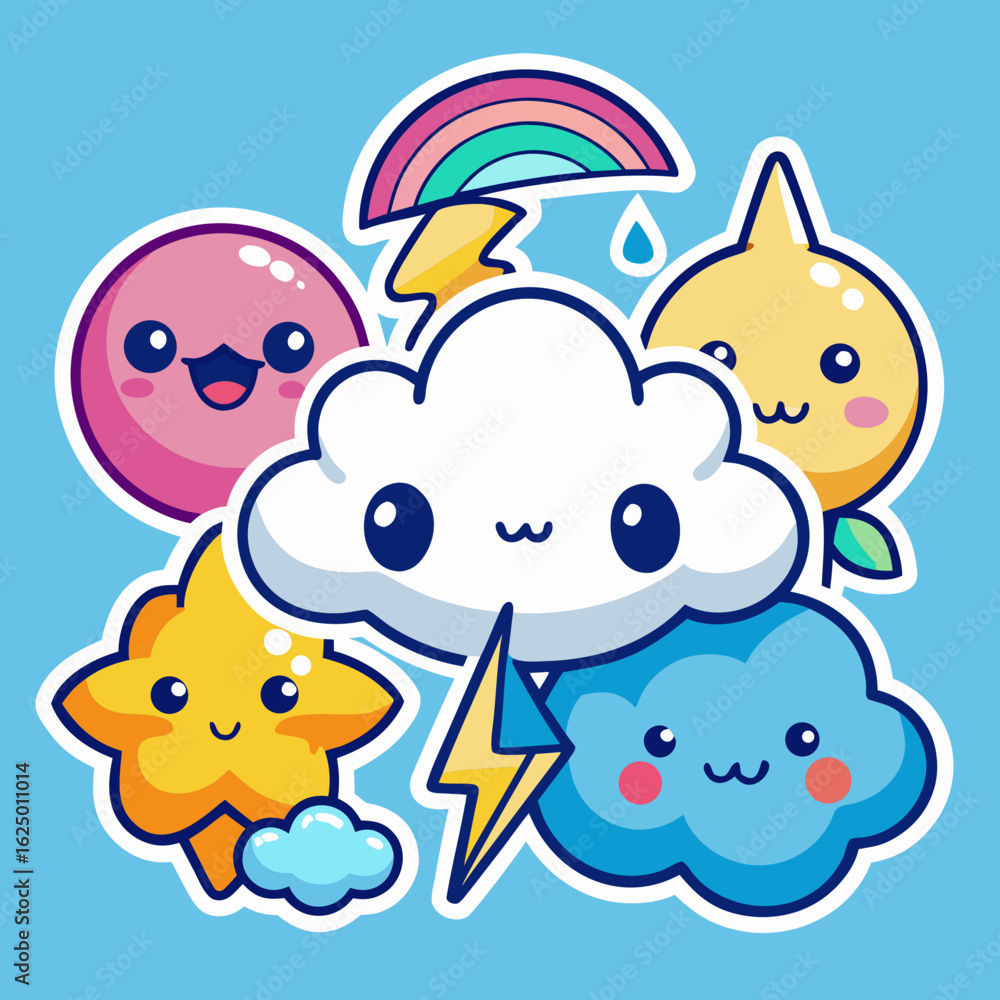 Fototapeta premium Cute Weather Kawaii Characters on Light Blue Background Featuring Clouds Star Rainbow and More