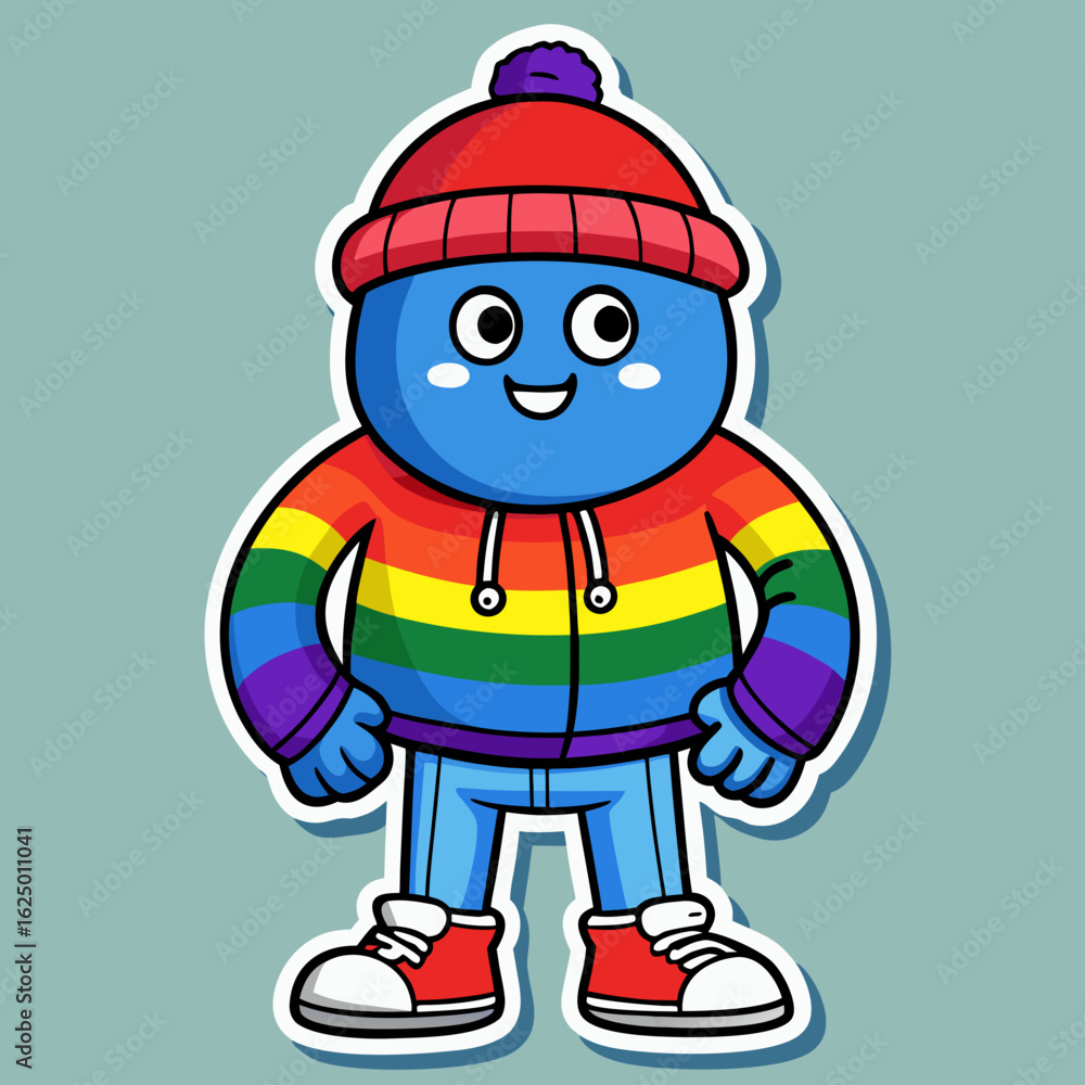 Fototapeta premium Cute Blue Cartoon Character Wearing Rainbow Hoodie Red Beanie and Red Sneakers on Light Blue Background