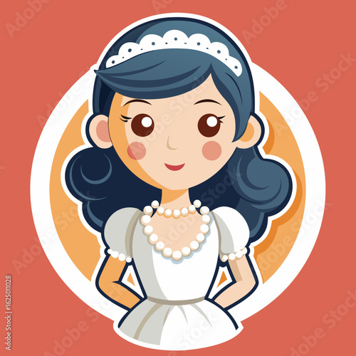 Cartoon Bride Illustration in White Dress and Pearl Necklace with Blue Hair and Tiara Design
