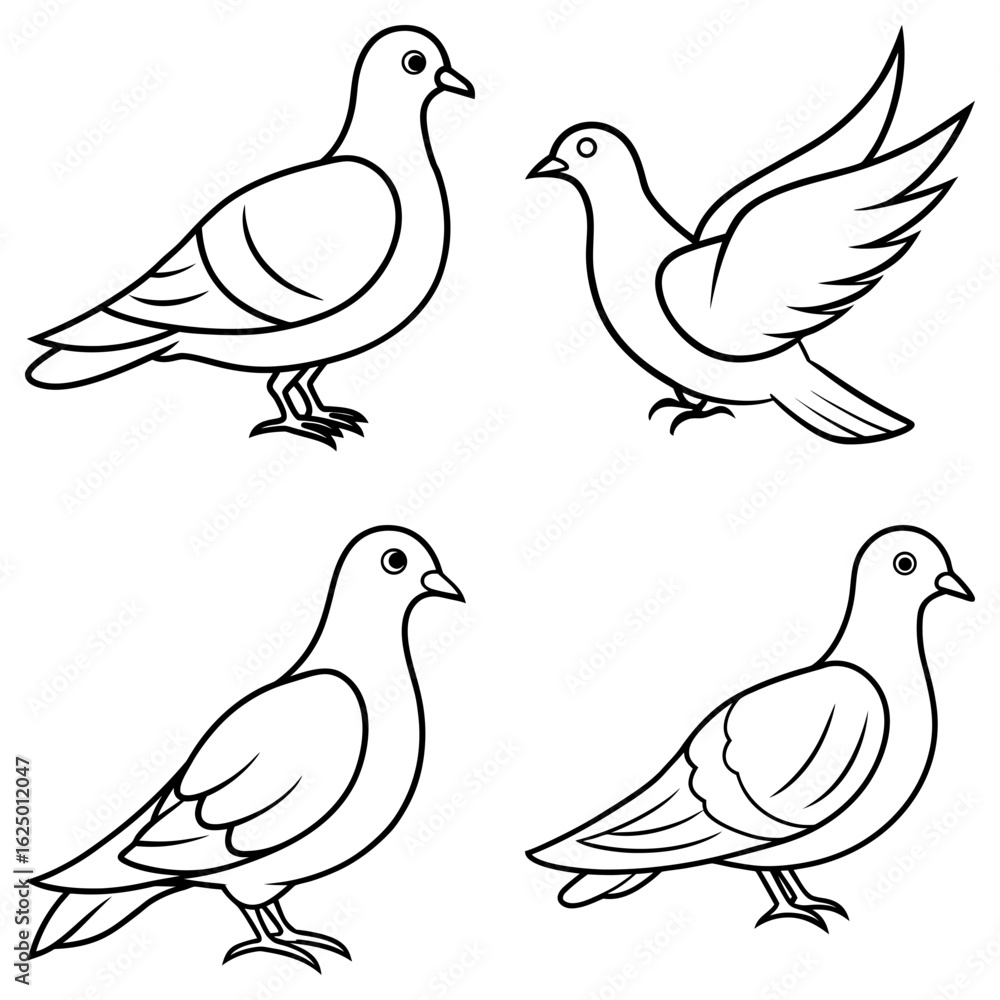 Fototapeta premium Four outlined doves in various poses including standing and flying with wings spread wide open design