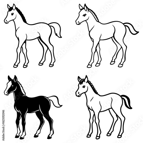 Four outlined foals in various styles including one solid black, standing in a simple composition