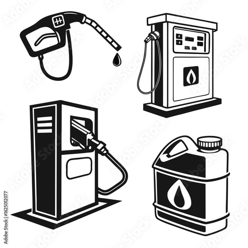 Collection of graphic icons representing a gasoline pump nozzle fuel dispenser and a fuel canister