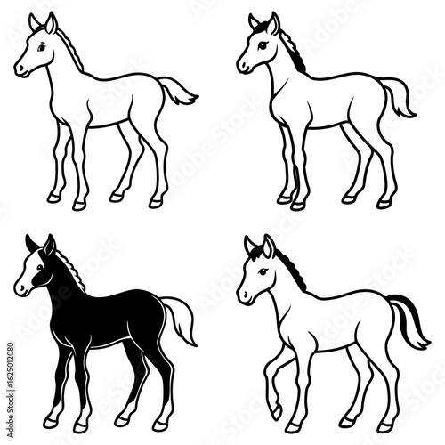 Four cartoon foal horses in various poses and color schemes in a simple black and white illustration
