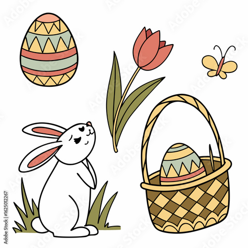 Charming easter illustration featuring a cute bunny decorated egg tulip flower butterfly and basket with egg