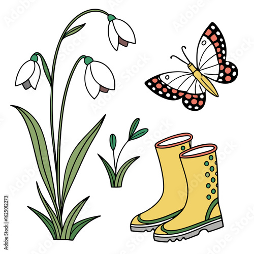 Springtime elements including snowdrops a butterfly young plants and yellow rubber boots on a white background