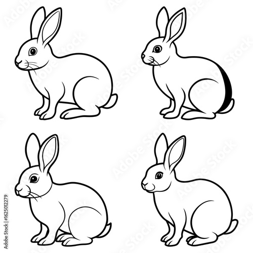 Four outlined rabbits in a symmetrical arrangement with varying tail details displayed clearly here