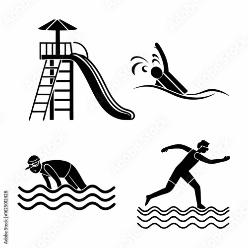 Collection of stylized black and white icons depicting water park activities and swimming