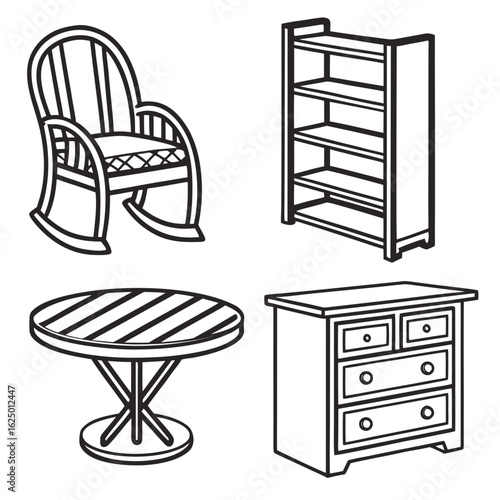 Collection of classic furniture icons including a rocking chair bookshelf round table and dresser in a simple line art style