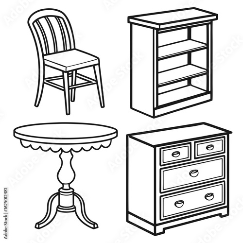 Collection of classic furniture line art including a chair bookshelf round table and dresser