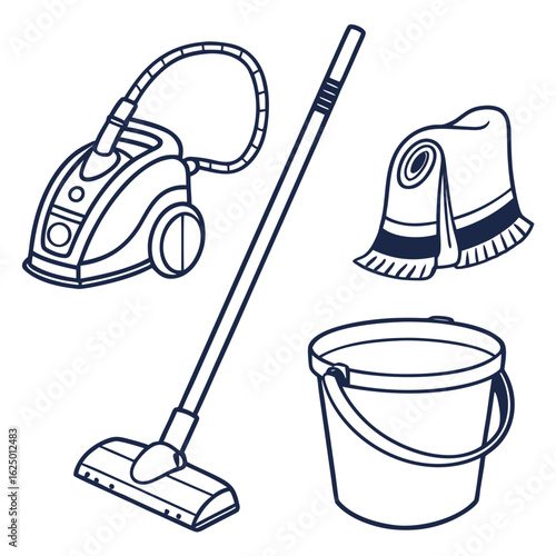 A collection of cleaning supplies including a mop vacuum cleaner bucket and cloth in a simple outline drawing style