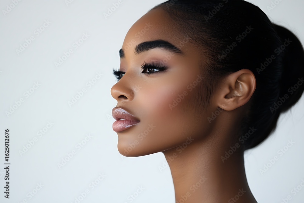 Naklejka premium Profile of a Young Black Woman with Natural Makeup on White Background female face