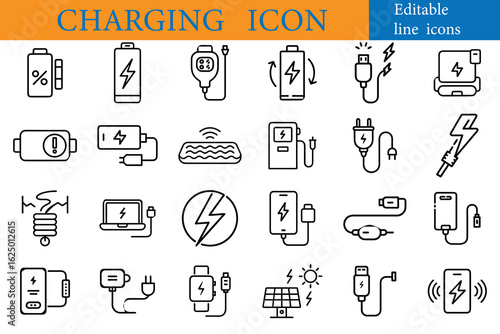Collection of charging icons for mobile devices, laptops, and watches, isolated on white background