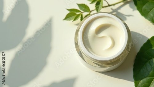 Wrinkled cream tube, dappled leaf shadows Botanical skincare product , abstract, design