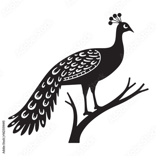 Elegant Black and White Peacock Illustration: Intricate Line Art, Ornate Feathers, Majestic Bird Design.