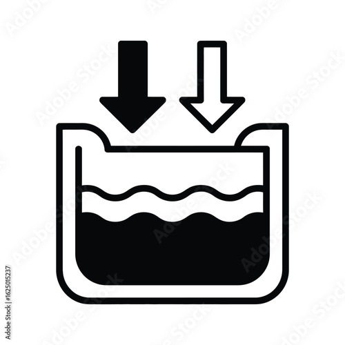 Two black arrows pointing down into a container of liquid with wavy surface