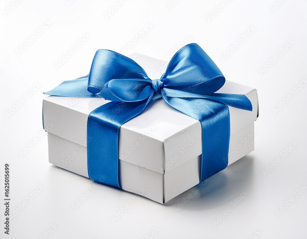 Obraz premium elegant white gift box wrapped with shiny blue ribbon and bow isolated on clean white background