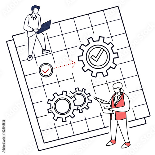 Business professionals collaborate on a project plan with gears and checkmarks indicating progress and completion