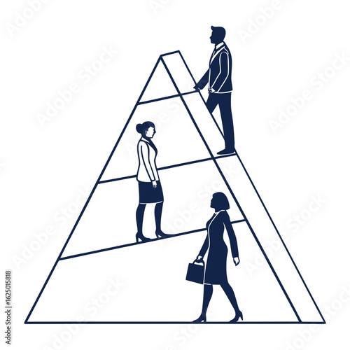 Business professionals ascend a pyramid structure symbolizing career advancement and corporate hierarchy