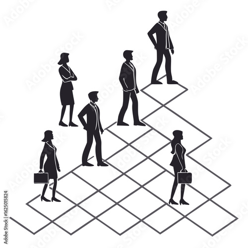 Business professionals ascend a geometric structure representing career advancement and hierarchical progression