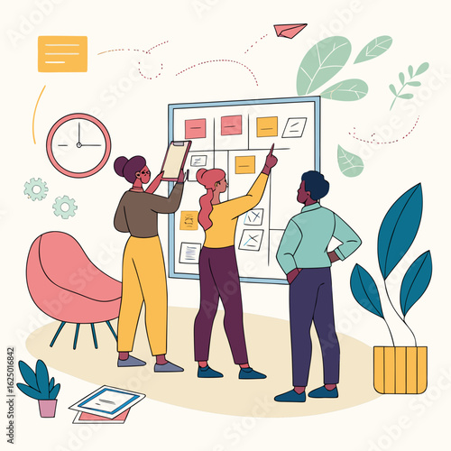 Diverse team collaborating on a project using a kanban board and sticky notes in a modern office setting