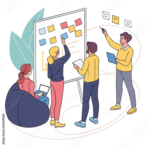 Diverse team collaborating on a whiteboard with sticky notes and charts during a business meeting